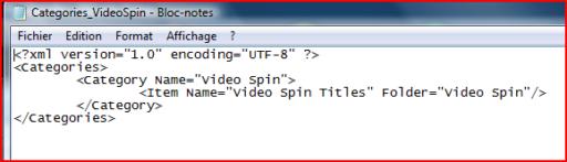 Copie d'écran du fichier Categories des titres VideoSpin