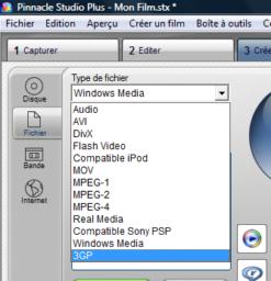 selection du format .3GP dans l'étape de création de fichier