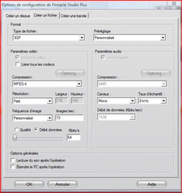 paramétrage du format .3gp dans Studio 12